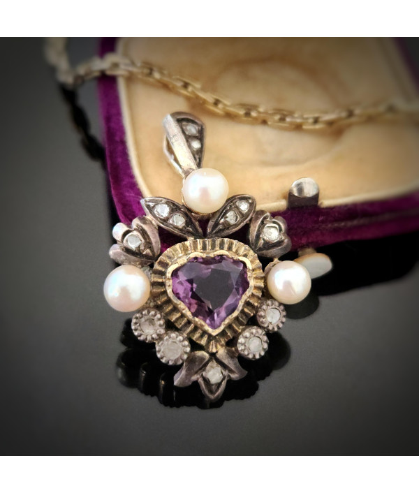Early 20th Century Amethyst, Pearl & Rose-Cut Diamond Pendant in 15ct Gold and Silver Early 20th Century Amethyst, Pearl & Rose-Cut Diamond Pendant in 15ct Gold and Silver