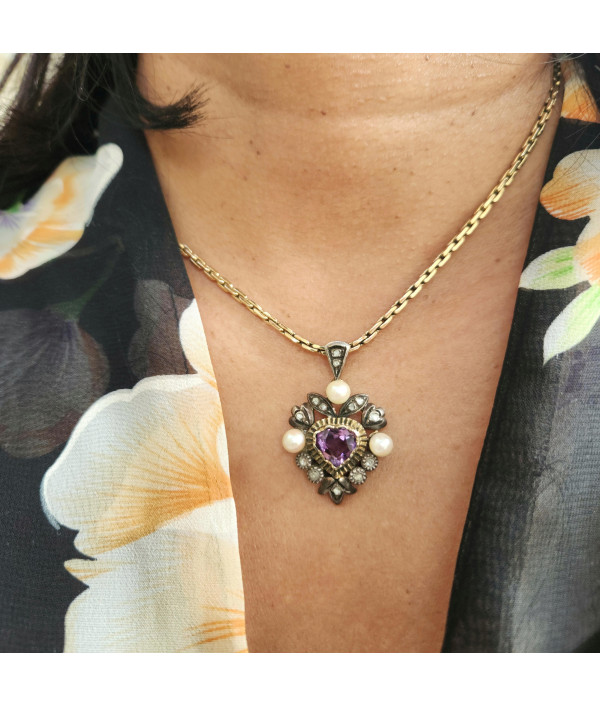 Early 20th Century Amethyst, Pearl & Rose-Cut Diamond Pendant in 15ct Gold and Silver Early 20th Century Amethyst, Pearl & Rose-Cut Diamond Pendant in 15ct Gold and Silver