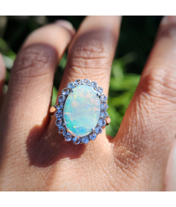 Antique Australian Solid Opal and White Sapphire Ring | 9ct Rose Gold & Silver Antique Australian Solid Opal and White Sapphire Ring | 9ct Rose Gold & Silver