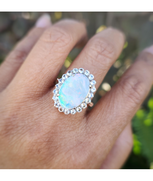 Antique Australian Solid Opal and White Sapphire Ring | 9ct Rose Gold & Silver Antique Australian Solid Opal and White Sapphire Ring | 9ct Rose Gold & Silver