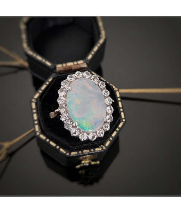 Antique Australian Solid Opal and White Sapphire Ring | 9ct Rose Gold & Silver