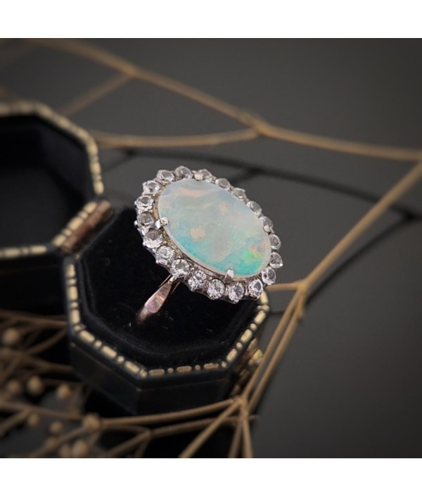 Antique Australian Solid Opal and White Sapphire Ring | 9ct Rose Gold & Silver Antique Australian Solid Opal and White Sapphire Ring | 9ct Rose Gold & Silver