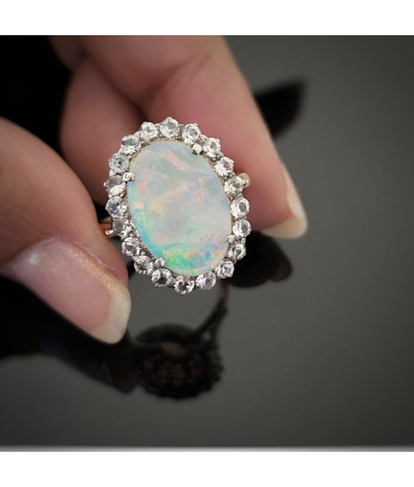 Antique Australian Solid Opal and White Sapphire Ring | 9ct Rose Gold & Silver Antique Australian Solid Opal and White Sapphire Ring | 9ct Rose Gold & Silver