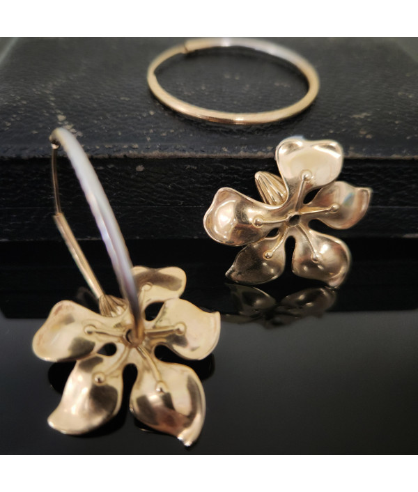 14K Gold Orchids On Two-Tone Convertible Hoop Earrings 14K Gold Orchids On Two-Tone Convertible Hoop Earrings