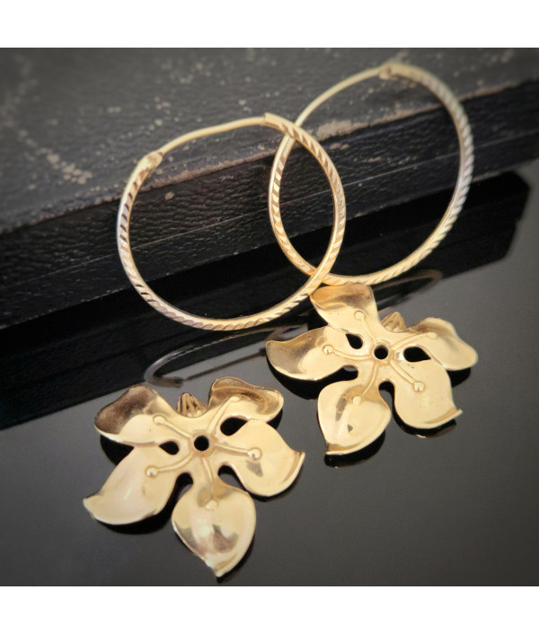 14K Gold Orchids On Two-Tone Convertible Hoop Earrings 14K Gold Orchids On Two-Tone Convertible Hoop Earrings
