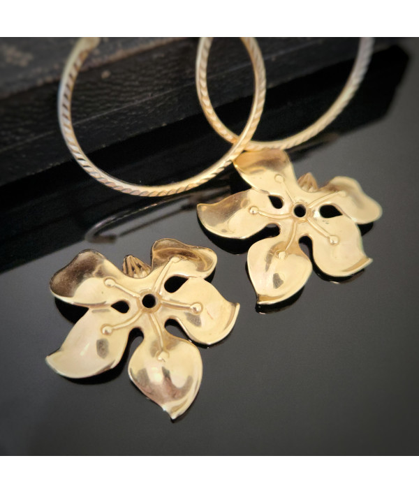 14K Gold Orchids On Two-Tone Convertible Hoop Earrings 14K Gold Orchids On Two-Tone Convertible Hoop Earrings