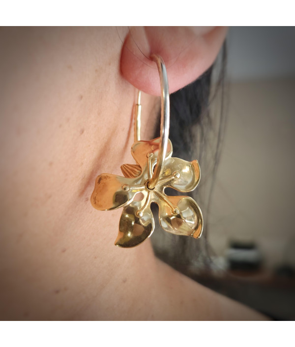 14K Gold Orchids On Two-Tone Convertible Hoop Earrings 14K Gold Orchids On Two-Tone Convertible Hoop Earrings