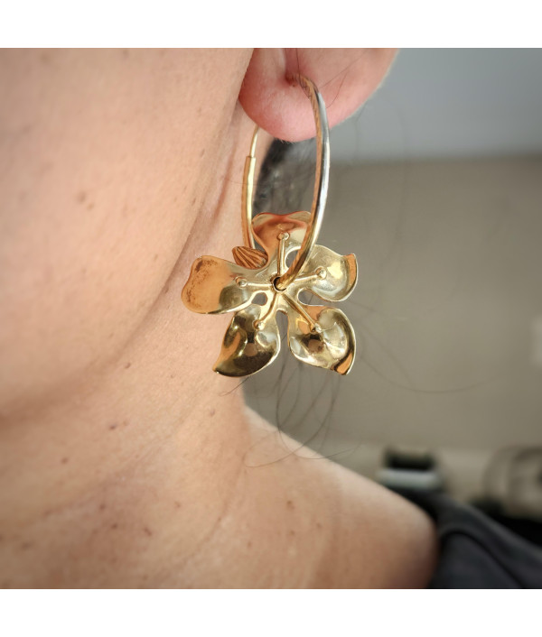 14K Gold Orchids On Two-Tone Convertible Hoop Earrings 14K Gold Orchids On Two-Tone Convertible Hoop Earrings