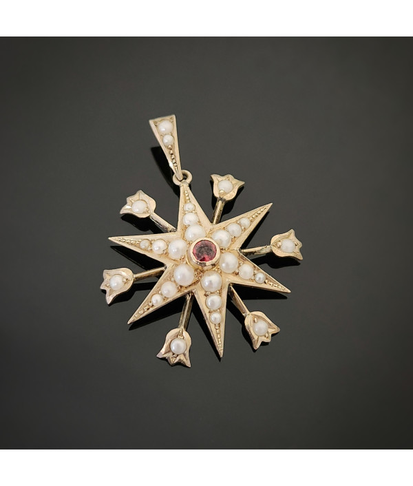 Antique Pearl And Garnet Starburst Pendant in 9ct Gold Antique Pearl And Garnet Starburst Pendant in 9ct Gold