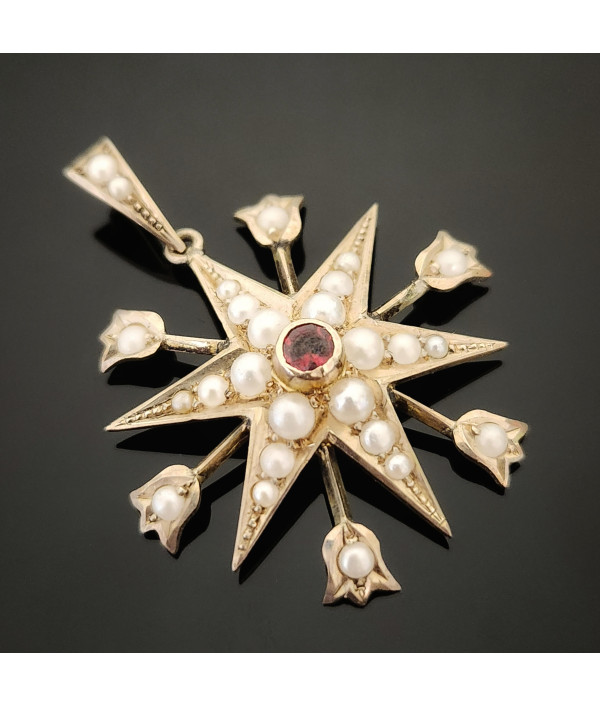 Antique Pearl And Garnet Starburst Pendant in 9ct Gold Antique Pearl And Garnet Starburst Pendant in 9ct Gold