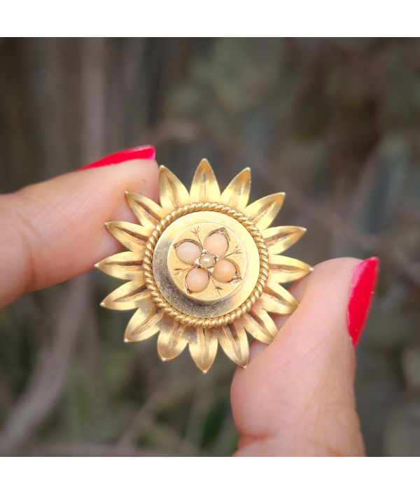 Edwardian Coral and Pearl Flower Brooch in 18K Gold Edwardian Coral and Pearl Flower Brooch in 18K Gold