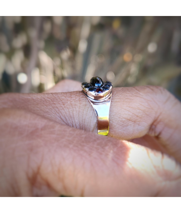 Georgian Garnet Cabochon and Jet Halo Ring in 9ct Gold Georgian Garnet Cabochon and Jet Halo Ring in 9ct Gold