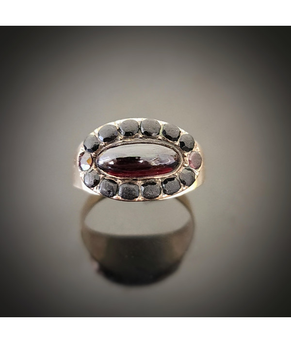Georgian Garnet Cabochon and Jet Halo Ri...