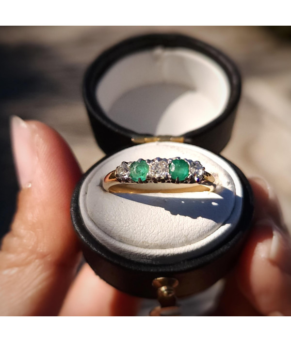 Antique Emerald and Old Mine Cut Diamond Bridge Ring Antique Emerald and Old Mine Cut Diamond Bridge Ring