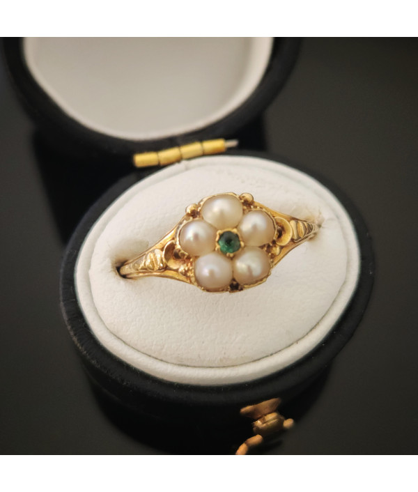 Victorian Emerald and Pearl Cluster Ring in 18ct Gold Victorian Emerald and Pearl Cluster Ring in 18ct Gold