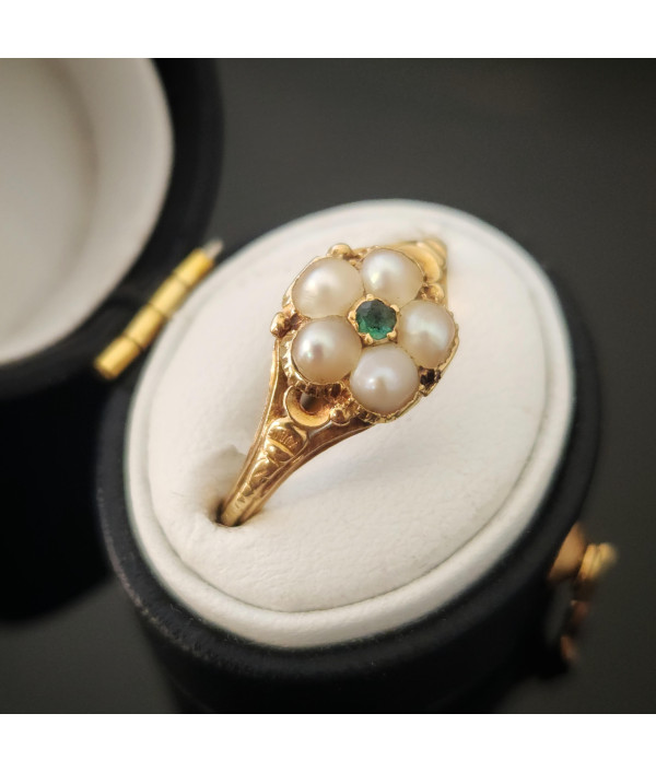 Victorian Emerald and Pearl Cluster Ring in 18ct Gold Victorian Emerald and Pearl Cluster Ring in 18ct Gold