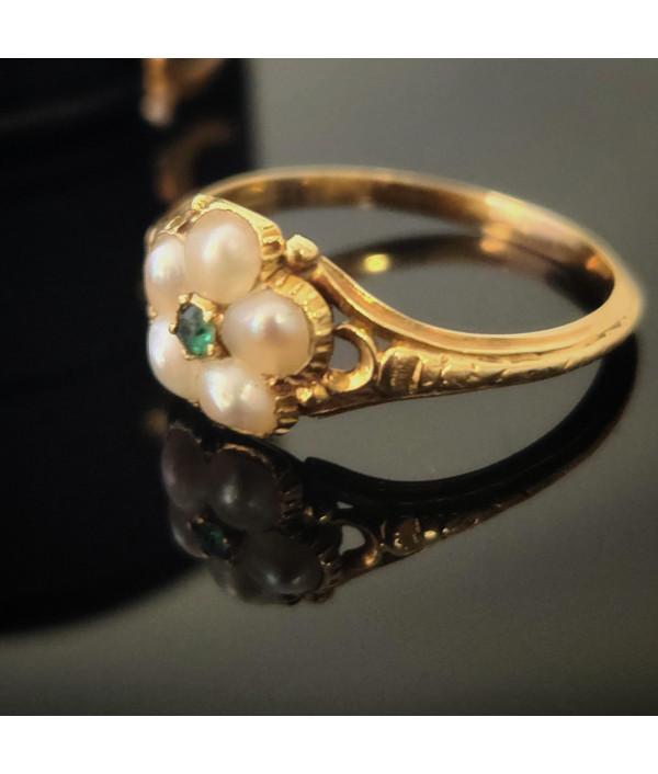 Victorian Emerald and Pearl Cluster Ring in 18ct Gold Victorian Emerald and Pearl Cluster Ring in 18ct Gold