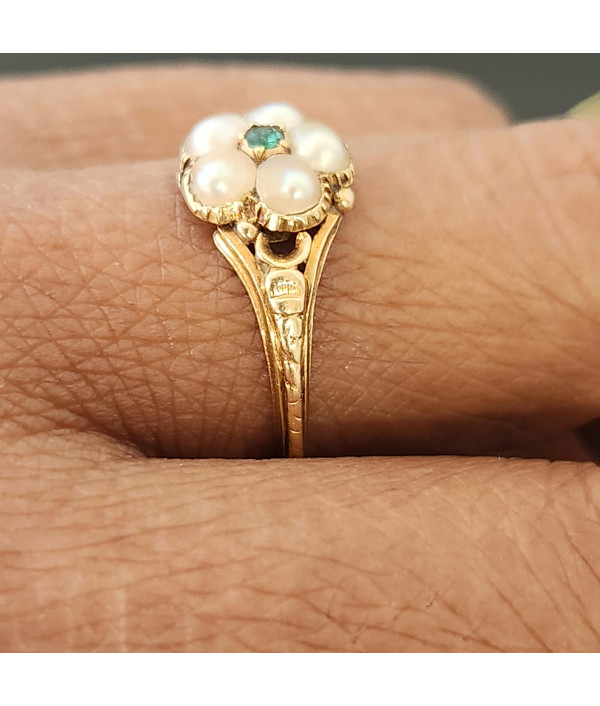 Victorian Emerald and Pearl Cluster Ring in 18ct Gold Victorian Emerald and Pearl Cluster Ring in 18ct Gold