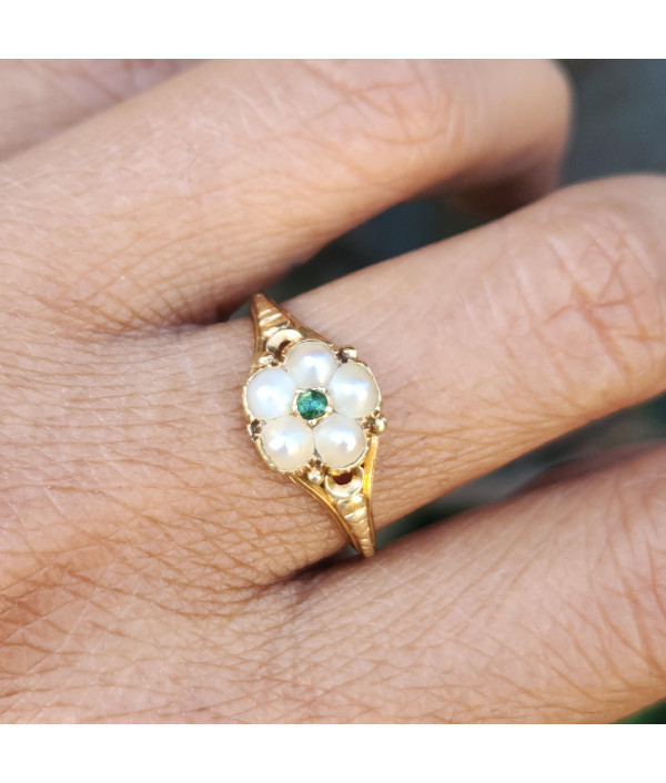 Victorian Emerald and Pearl Cluster Ring in 18ct Gold Victorian Emerald and Pearl Cluster Ring in 18ct Gold