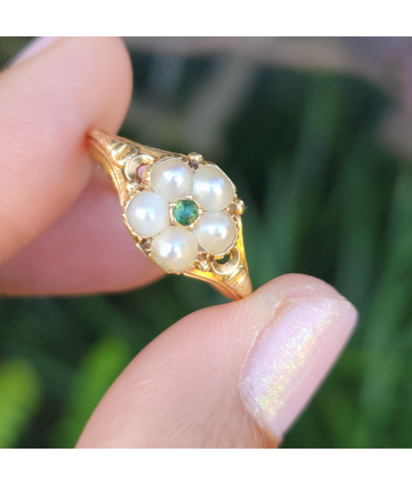 Victorian Emerald and Pearl Cluster Ring in 18ct Gold Victorian Emerald and Pearl Cluster Ring in 18ct Gold