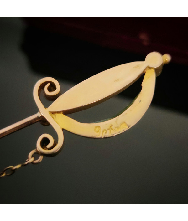 Edwardian Nephrite Jade Sword Jabot Pin in 9K Gold
