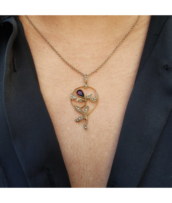 Art Nouveau Garnet and Seed Pearl Pendant in 9k Yellow Gold Art Nouveau Garnet and Seed Pearl Pendant in 9k Yellow Gold