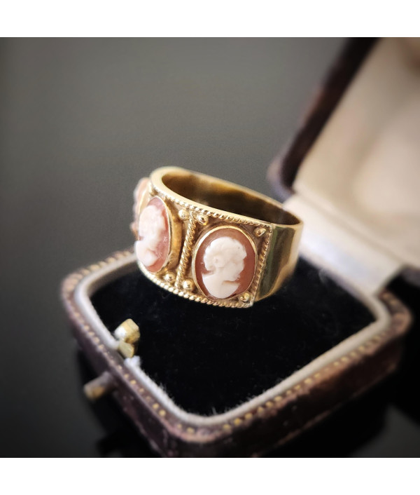 Vintage Triple Cameo Ring Elegant Neoclassical Revival in 18K Gold Vintage Triple Cameo Ring Elegant Neoclassical Revival in 18K Gold