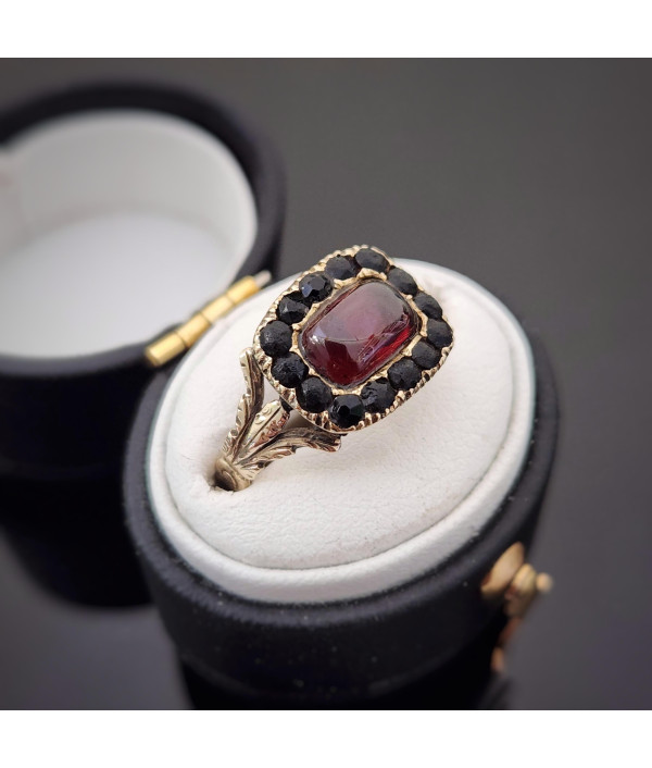 Victorian Garnet Carbuncle and Jet Mourning Ring in 12k Gold Victorian Garnet Carbuncle and Jet Mourning Ring in 12k Gold