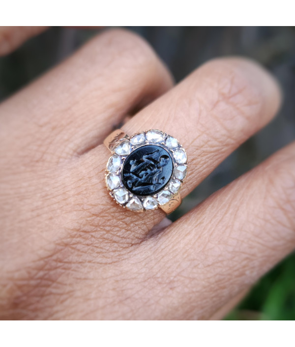 Georgian Era Onyx Intaglio And Rose Cut Diamond Cluster Ring – 15ct Gold