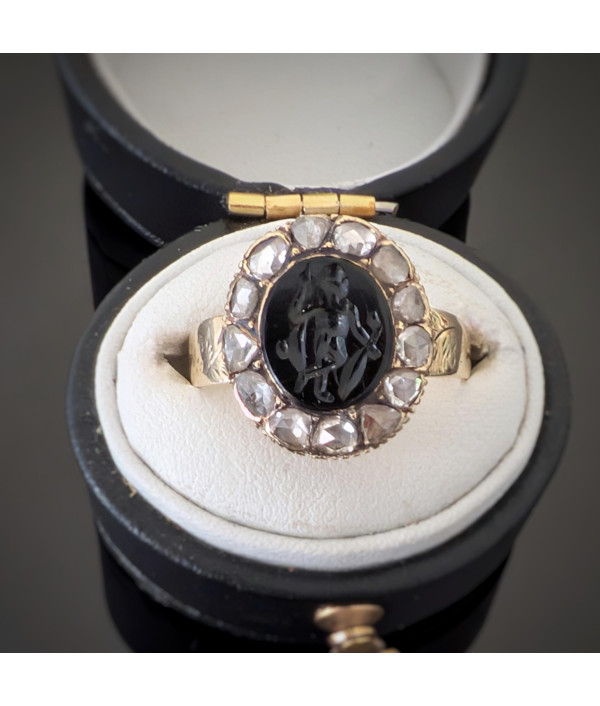 Georgian Era Onyx Intaglio And Rose Cut Diamond Cluster Ring – 15ct Gold