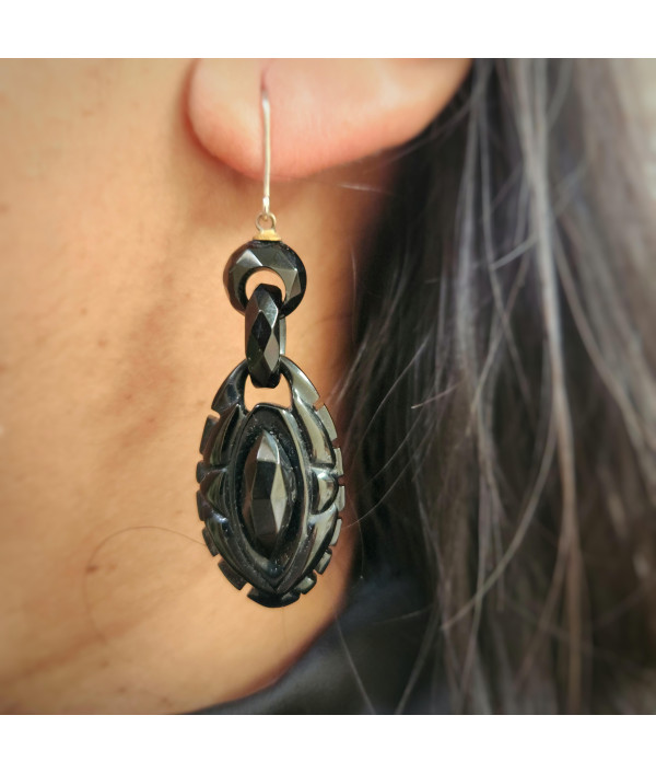 Victorian Faceted Whitby Jet Drop Earrings with Fine Silver Hooks Victorian Faceted Whitby Jet Drop Earrings with Fine Silver Hooks