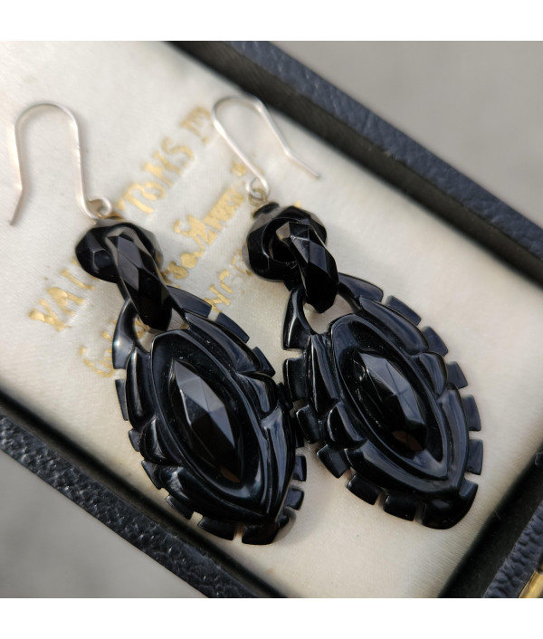 Victorian Faceted Whitby Jet Drop Earrin...