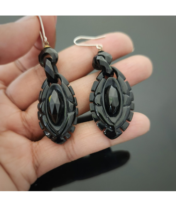Victorian Faceted Whitby Jet Drop Earrings with Fine Silver Hooks Victorian Faceted Whitby Jet Drop Earrings with Fine Silver Hooks