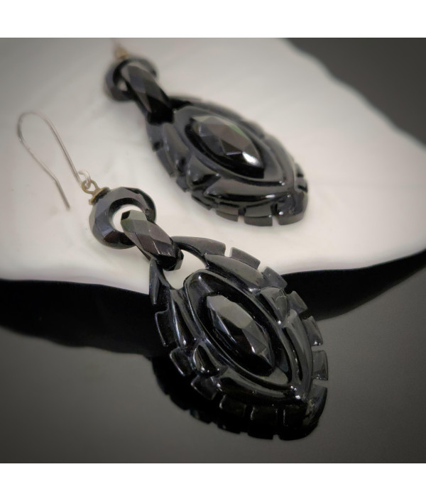 Victorian Faceted Whitby Jet Drop Earrings with Fine Silver Hooks