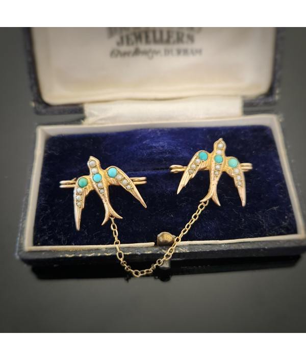 Victorian 9ct Gold Swallows Brooch with ...