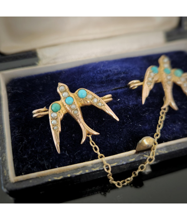 Victorian 9ct Gold Swallows Brooch with Turquoise and Seed Pearls Victorian 9ct Gold Swallows Brooch with Turquoise and Seed Pearls