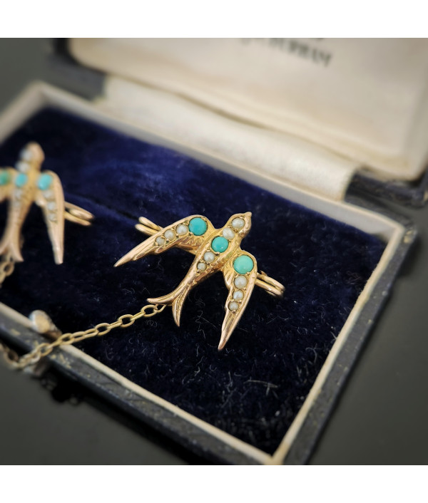 Victorian 9ct Gold Swallows Brooch with Turquoise and Seed Pearls Victorian 9ct Gold Swallows Brooch with Turquoise and Seed Pearls
