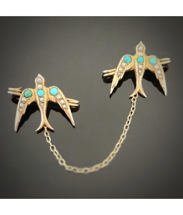 Victorian 9ct Gold Swallows Brooch with Turquoise and Seed Pearls Victorian 9ct Gold Swallows Brooch with Turquoise and Seed Pearls