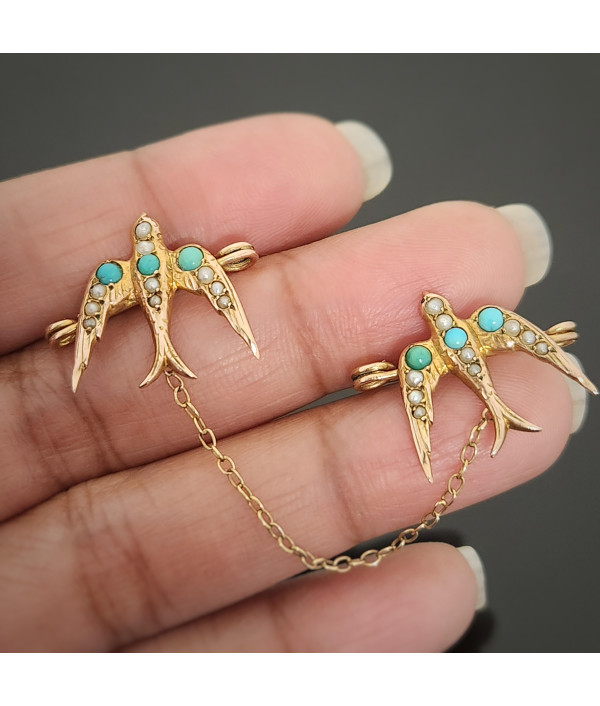 Victorian 9ct Gold Swallows Brooch with Turquoise and Seed Pearls Victorian 9ct Gold Swallows Brooch with Turquoise and Seed Pearls