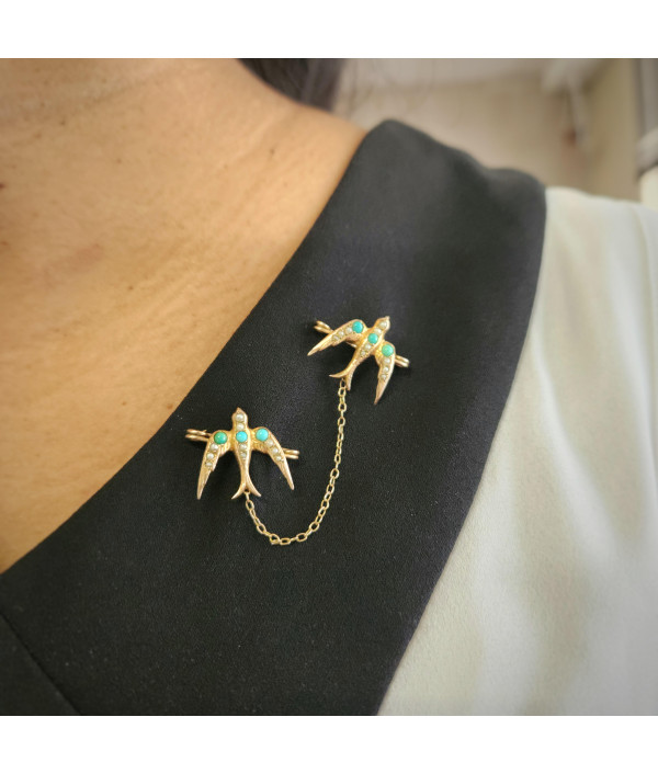 Victorian 9ct Gold Swallows Brooch with Turquoise and Seed Pearls Victorian 9ct Gold Swallows Brooch with Turquoise and Seed Pearls