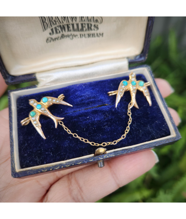 Victorian 9ct Gold Swallows Brooch with Turquoise and Seed Pearls Victorian 9ct Gold Swallows Brooch with Turquoise and Seed Pearls