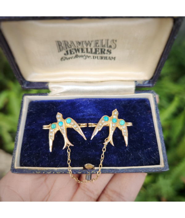 Victorian 9ct Gold Swallows Brooch with Turquoise and Seed Pearls Victorian 9ct Gold Swallows Brooch with Turquoise and Seed Pearls