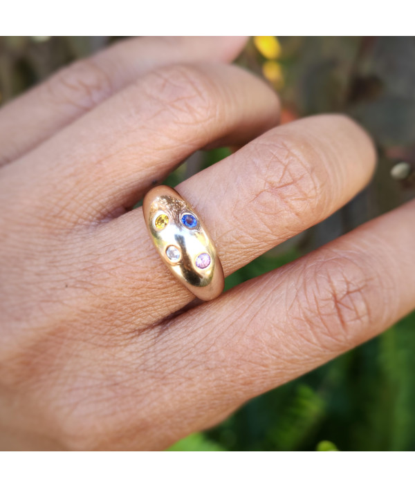 Vintage 9ct Yellow Gold Domed Bombé Ring with Sapphire, Tourmaline, Citrine and Diamond Vintage 9ct Yellow Gold Domed Bombé Ring with Sapphire, Tourmaline, Citrine and Diamond