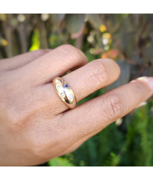 Vintage 9ct Yellow Gold Domed Bombé Ring with Sapphire, Tourmaline, Citrine and Diamond Vintage 9ct Yellow Gold Domed Bombé Ring with Sapphire, Tourmaline, Citrine and Diamond