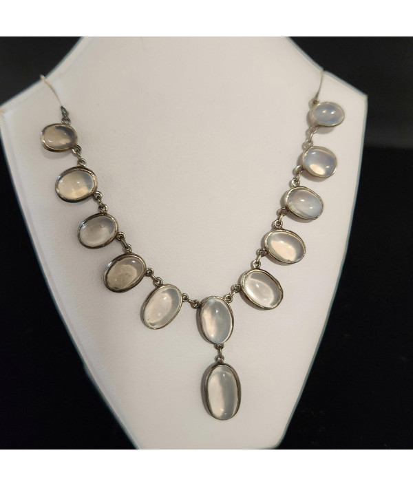 Edwardian Silver Moonstone Necklace with Graduated Bezel-Set Cabochons Edwardian Silver Moonstone Necklace with Graduated Bezel-Set Cabochons
