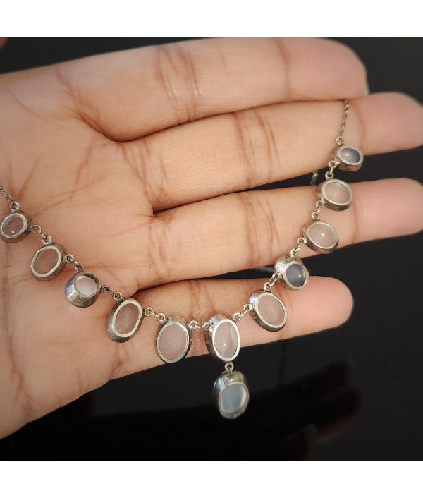 Edwardian Silver Moonstone Necklace with Graduated Bezel-Set Cabochons Edwardian Silver Moonstone Necklace with Graduated Bezel-Set Cabochons