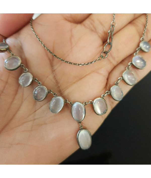 Edwardian Silver Moonstone Necklace with Graduated Bezel-Set Cabochons Edwardian Silver Moonstone Necklace with Graduated Bezel-Set Cabochons