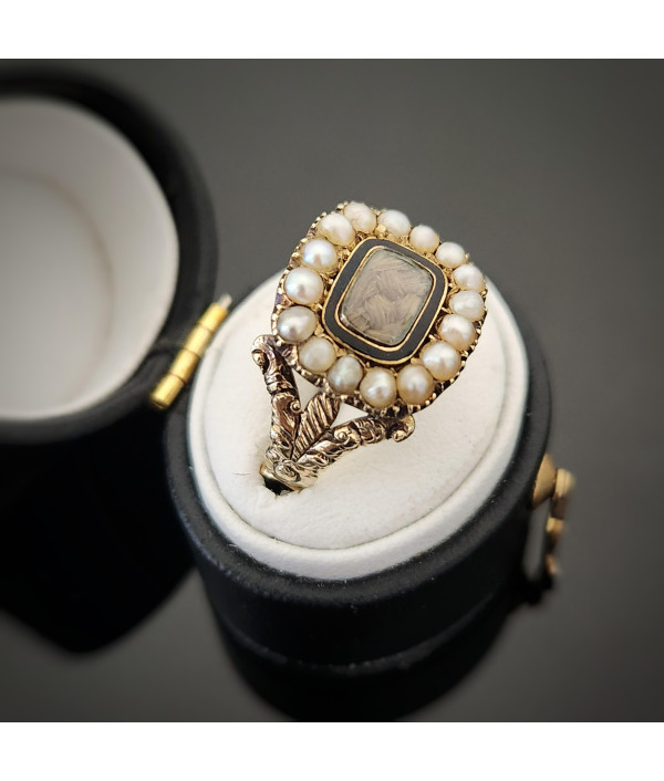 Georgian Enamel and Pearl Mourning Ring in 12K Gold Georgian Enamel and Pearl Mourning Ring in 12K Gold