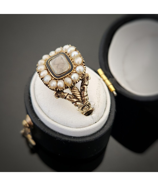 Georgian Enamel and Pearl Mourning Ring in 12K Gold Georgian Enamel and Pearl Mourning Ring in 12K Gold