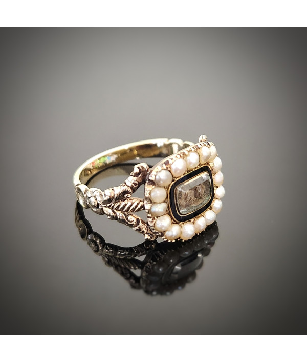 Georgian Enamel and Pearl Mourning Ring in 12K Gold Georgian Enamel and Pearl Mourning Ring in 12K Gold